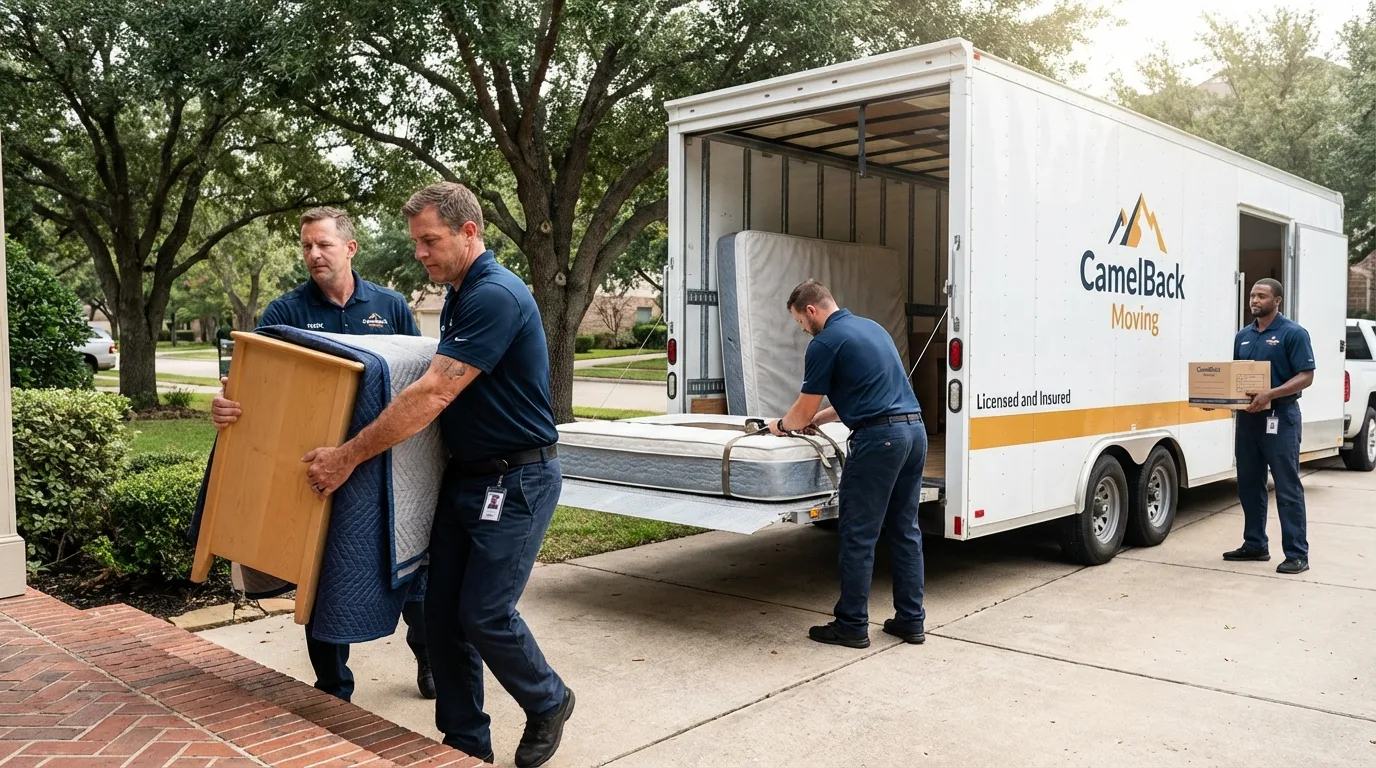 Crew loading residential truck for cross-state move from Petersburg, IL