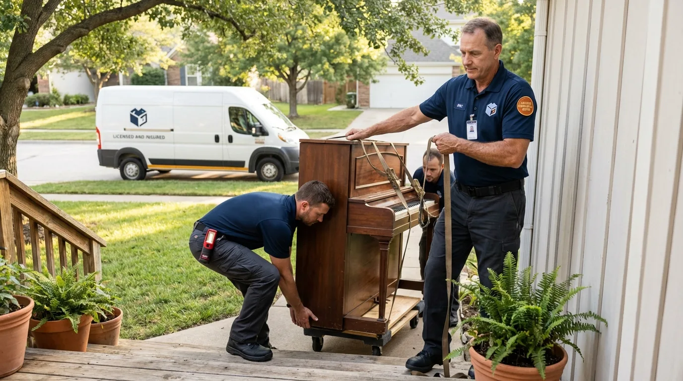 Licensed piano movers securing grand piano in Petersburg, IL