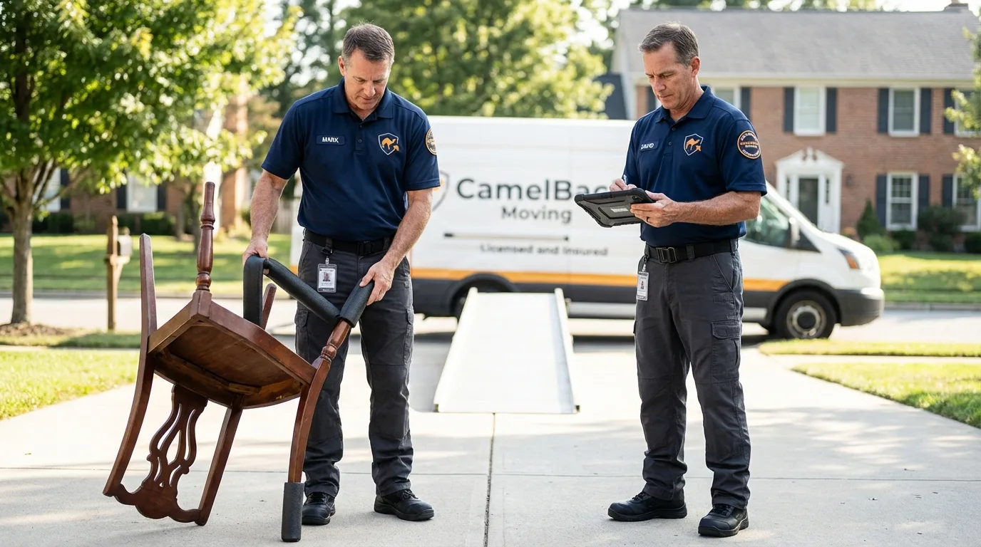 Movers inspecting furniture for damage prevention before loading in Petersburg, IL