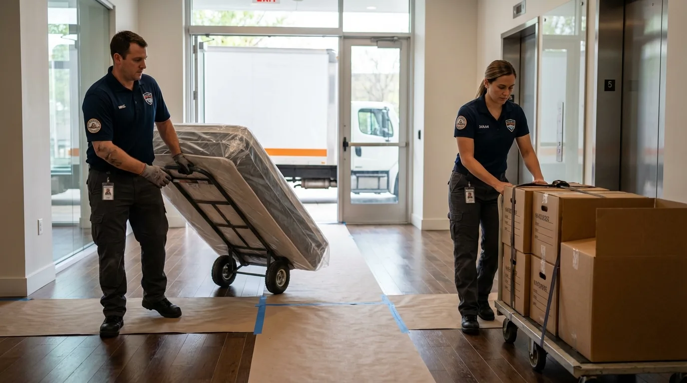 Professional apartment movers loading elevator in Petersburg, IL