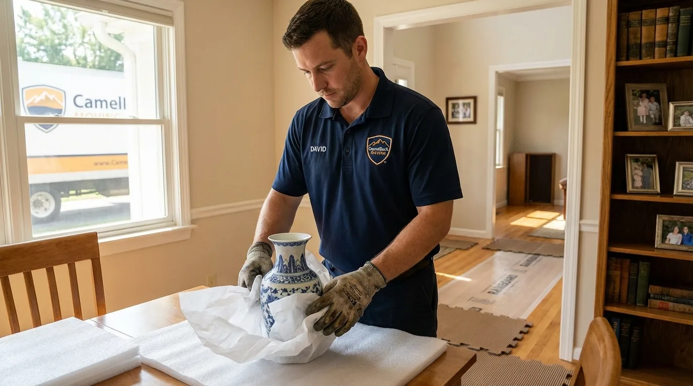 Professional crew carefully wrapping antique vase for senior downsizing move in Petersburg, IL